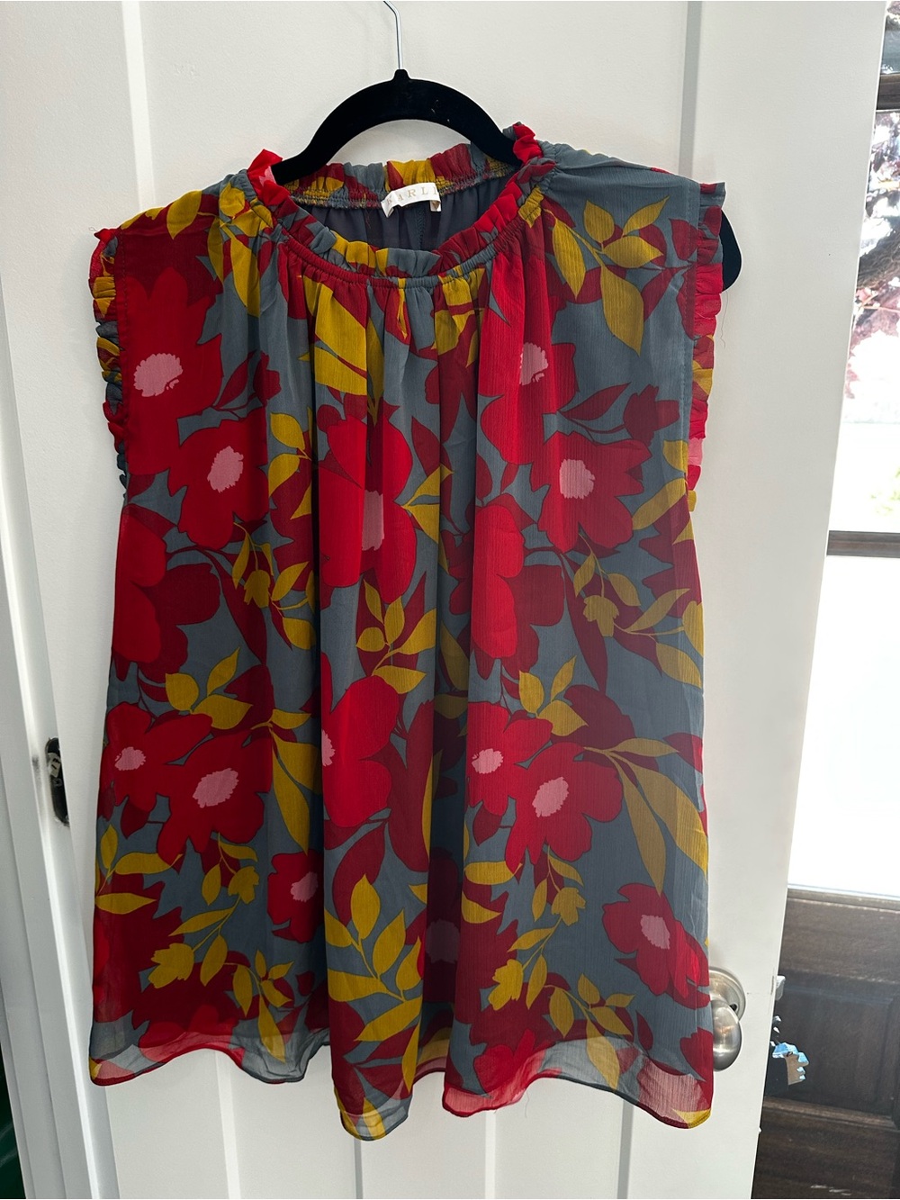 Karlie Red Floral Sleeveless Top with Yellow Leaves